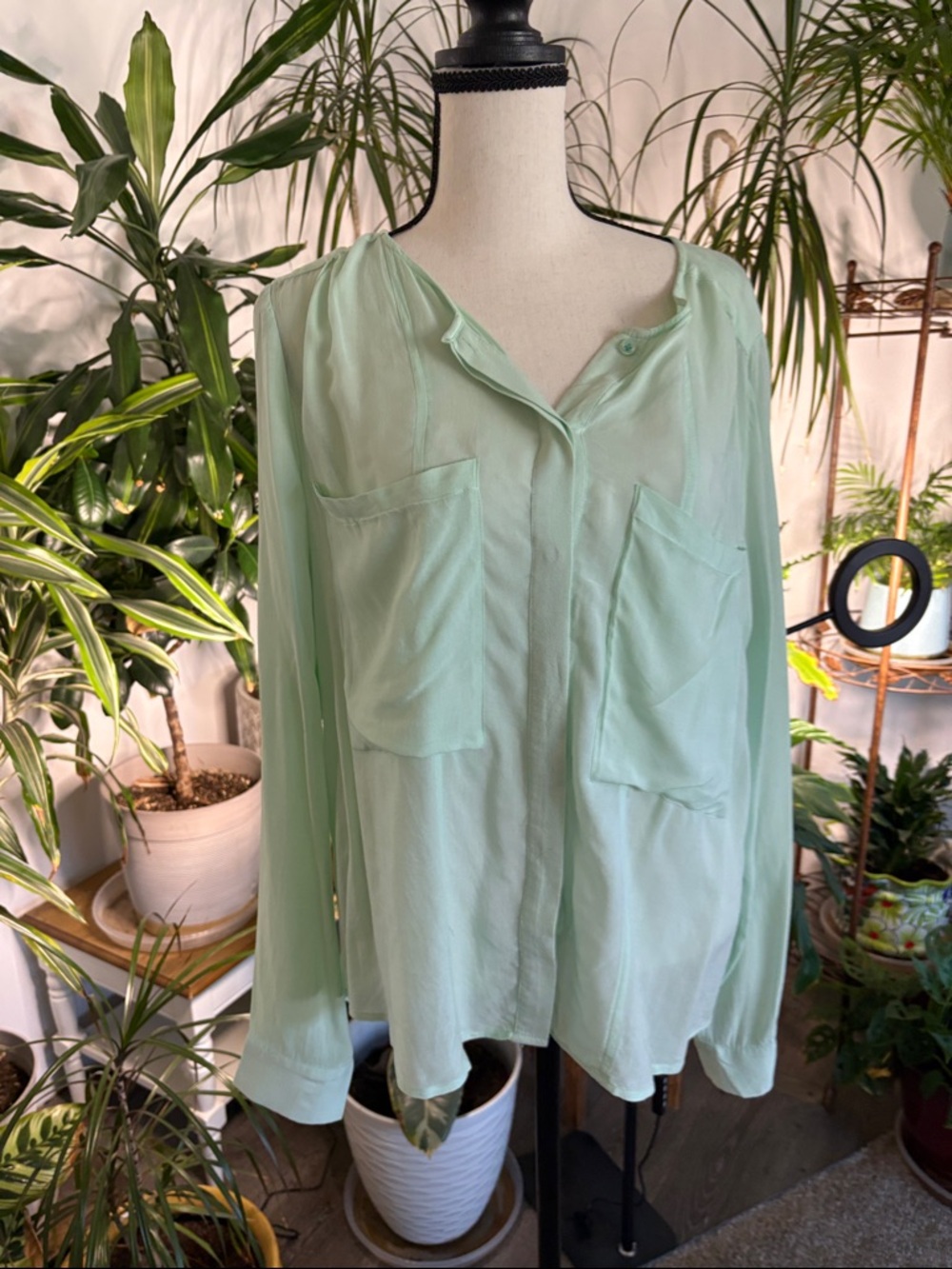 Maeve Mint Green Button-Front Long Sleeve Shirt